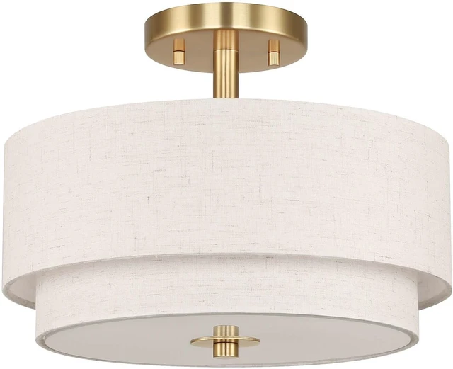 Alt view image 2 of 7 - XiNBEi Lighting 13" Linen Drum Semi Flush Mount Light for Dining, Brass
