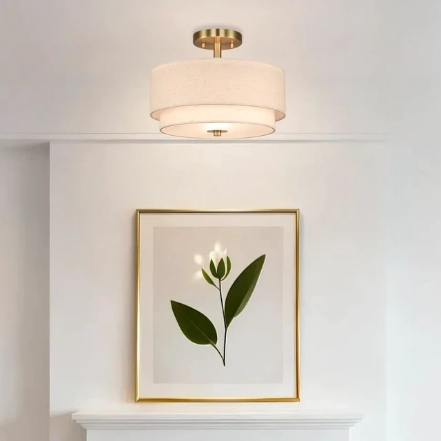 Alt view image 3 of 7 - XiNBEi Lighting 13" Linen Drum Semi Flush Mount Light for Dining, Brass
