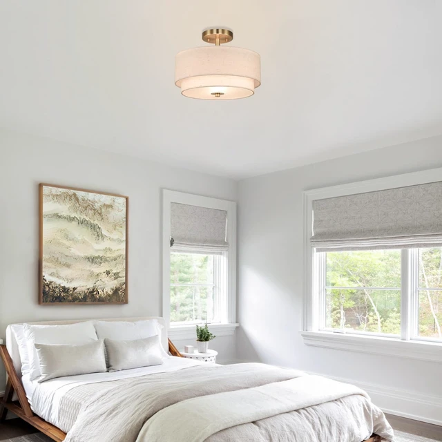 Alt view image 4 of 7 - XiNBEi Lighting 13" Linen Drum Semi Flush Mount Light for Dining, Brass