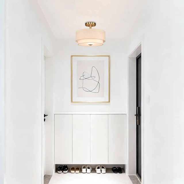 Alt view image 5 of 7 - XiNBEi Lighting 13" Linen Drum Semi Flush Mount Light for Dining, Brass