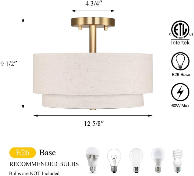 Alt view image 6 of 7 - XiNBEi Lighting 13" Linen Drum Semi Flush Mount Light for Dining, Brass