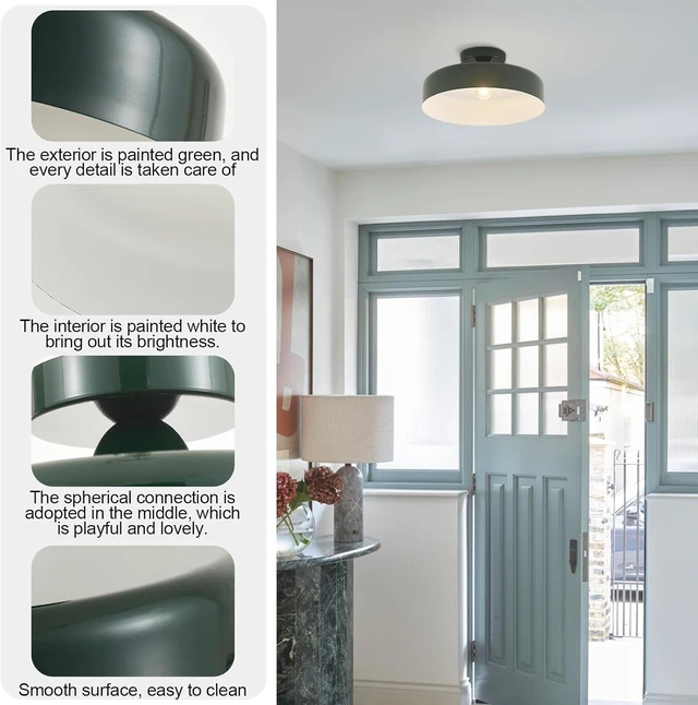 Alt view image 3 of 7 - VILUXY 13-Inch Industrial Semi Flush Mount Ceiling Light Vintage Green Light Ceiling Mount Lamp Farmhouse Flush Mount Light Fixture for Hallway Bedroom Foyer Kitchen Entryway
