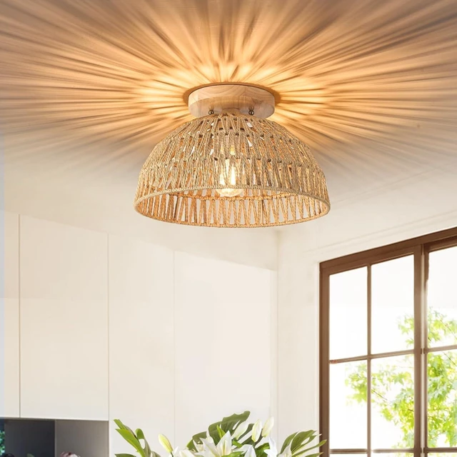 Main image of 13 Inch Rattan Flush Mount Ceiling Lights Farmhouse Boho Ceiling Light Fixtures Rustic Wicker Hand Woven Rope Cage for Dining Room Kitchen Bedroom Foyer Hallway Entryway