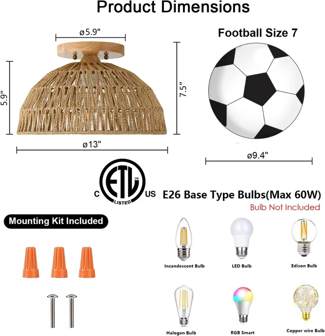 Alt view image 2 of 7 - 13 Inch Rattan Flush Mount Ceiling Lights Farmhouse Boho Ceiling Light Fixtures Rustic Wicker Hand Woven Rope Cage for Dining Room Kitchen Bedroom Foyer Hallway Entryway