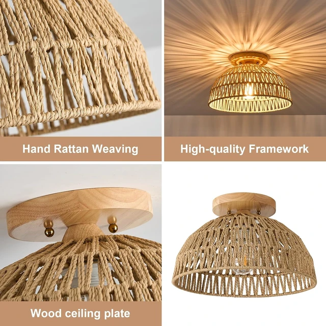 Alt view image 4 of 7 - 13 Inch Rattan Flush Mount Ceiling Lights Farmhouse Boho Ceiling Light Fixtures Rustic Wicker Hand Woven Rope Cage for Dining Room Kitchen Bedroom Foyer Hallway Entryway