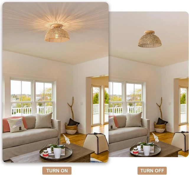 Alt view image 3 of 7 - 13 Inch Rattan Flush Mount Ceiling Lights Farmhouse Boho Ceiling Light Fixtures Rustic Wicker Hand Woven Rope Cage for Dining Room Kitchen Bedroom Foyer Hallway Entryway
