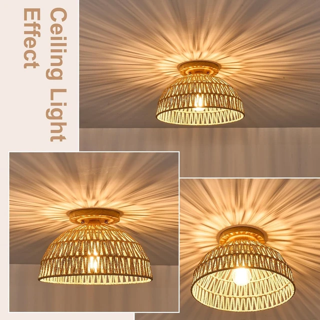 Alt view image 5 of 7 - 13 Inch Rattan Flush Mount Ceiling Lights Farmhouse Boho Ceiling Light Fixtures Rustic Wicker Hand Woven Rope Cage for Dining Room Kitchen Bedroom Foyer Hallway Entryway
