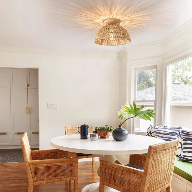 Alt view image 6 of 7 - 13 Inch Rattan Flush Mount Ceiling Lights Farmhouse Boho Ceiling Light Fixtures Rustic Wicker Hand Woven Rope Cage for Dining Room Kitchen Bedroom Foyer Hallway Entryway