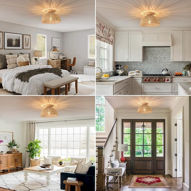 Alt view image 7 of 7 - 13 Inch Rattan Flush Mount Ceiling Lights Farmhouse Boho Ceiling Light Fixtures Rustic Wicker Hand Woven Rope Cage for Dining Room Kitchen Bedroom Foyer Hallway Entryway