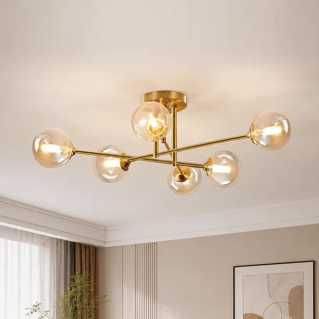 Main image of Mid Century Modern Gold Sputnik Flush Mount Ceiling Light Antique Brass Ceiling Lights 6 Light Amber Glass Chandelier Small Living Room Globe Ceiling Light
