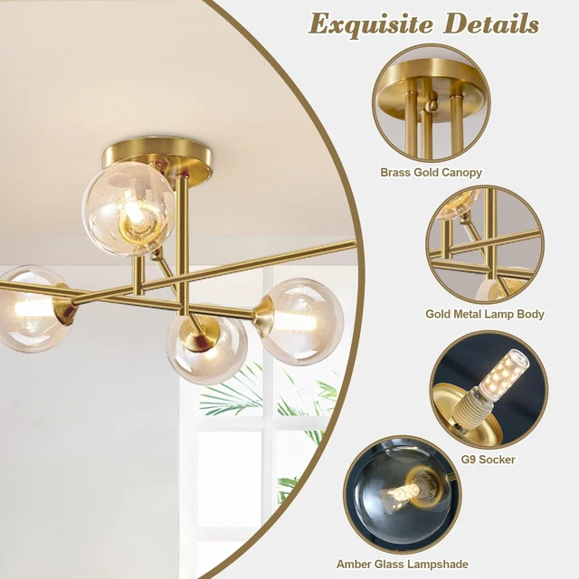 Alt view image 3 of 7 - Mid Century Modern Gold Sputnik Flush Mount Ceiling Light Antique Brass Ceiling Lights 6 Light Amber Glass Chandelier Small Living Room Globe Ceiling Light