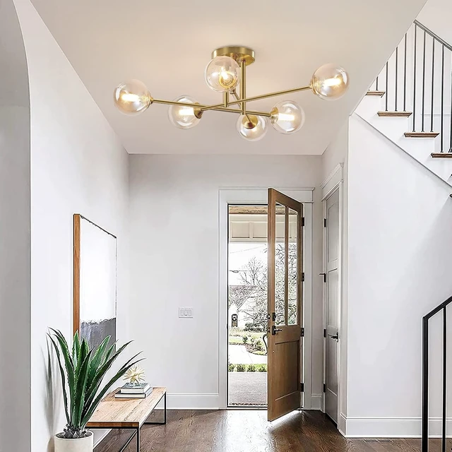 Alt view image 5 of 7 - Mid Century Modern Gold Sputnik Flush Mount Ceiling Light Antique Brass Ceiling Lights 6 Light Amber Glass Chandelier Small Living Room Globe Ceiling Light