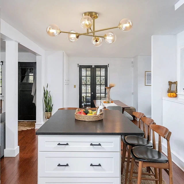 Alt view image 4 of 7 - Mid Century Modern Gold Sputnik Flush Mount Ceiling Light Antique Brass Ceiling Lights 6 Light Amber Glass Chandelier Small Living Room Globe Ceiling Light