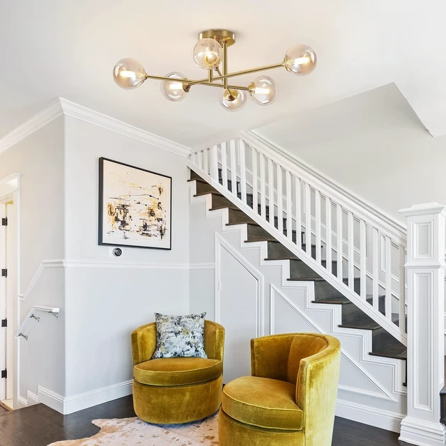 Alt view image 6 of 7 - Mid Century Modern Gold Sputnik Flush Mount Ceiling Light Antique Brass Ceiling Lights 6 Light Amber Glass Chandelier Small Living Room Globe Ceiling Light
