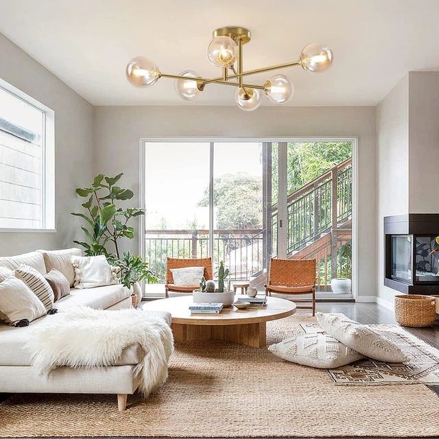 Alt view image 7 of 7 - Mid Century Modern Gold Sputnik Flush Mount Ceiling Light Antique Brass Ceiling Lights 6 Light Amber Glass Chandelier Small Living Room Globe Ceiling Light