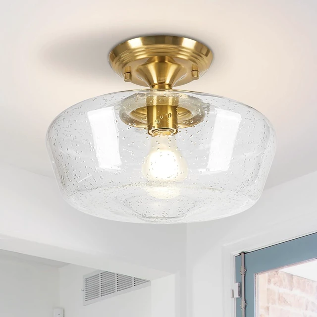 Main image of Schoolhouse Style Light Fixture, 12" Brass Semi Flush Mount Ceiling Light with Seeded Glass Globe, Close to Ceiling Lights for Kitchen Hallway Entryway