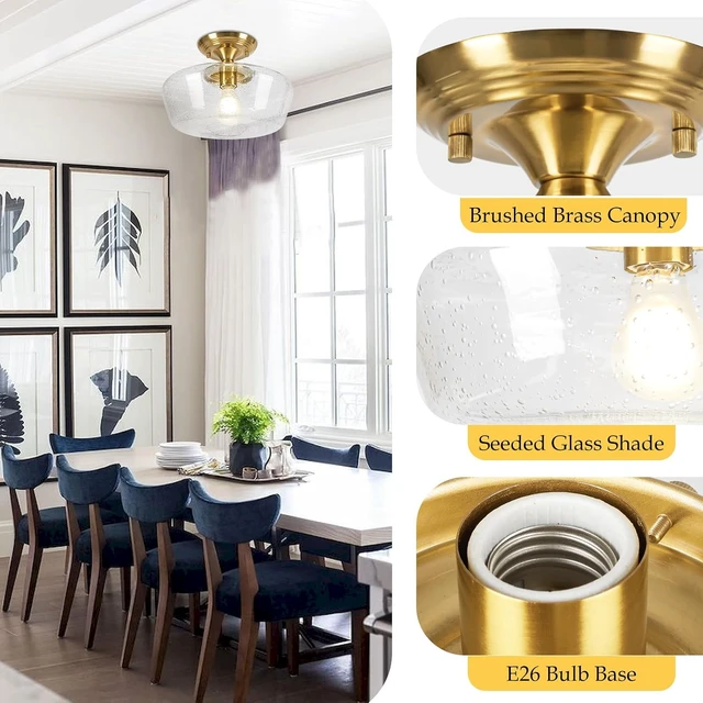 Alt view image 2 of 7 - Schoolhouse Style Light Fixture, 12" Brass Semi Flush Mount Ceiling Light with Seeded Glass Globe, Close to Ceiling Lights for Kitchen Hallway Entryway