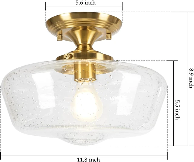 Alt view image 4 of 7 - Schoolhouse Style Light Fixture, 12" Brass Semi Flush Mount Ceiling Light with Seeded Glass Globe, Close to Ceiling Lights for Kitchen Hallway Entryway
