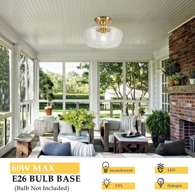 Alt view image 5 of 7 - Schoolhouse Style Light Fixture, 12" Brass Semi Flush Mount Ceiling Light with Seeded Glass Globe, Close to Ceiling Lights for Kitchen Hallway Entryway