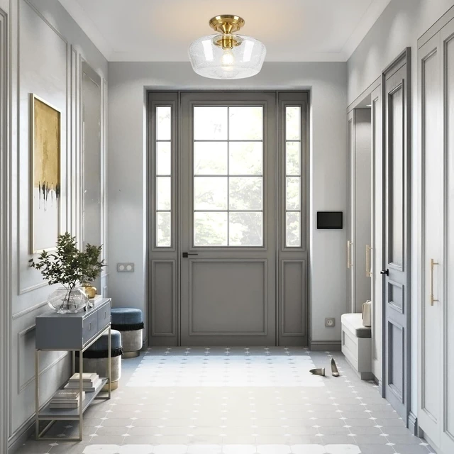Alt view image 7 of 7 - Schoolhouse Style Light Fixture, 12" Brass Semi Flush Mount Ceiling Light with Seeded Glass Globe, Close to Ceiling Lights for Kitchen Hallway Entryway