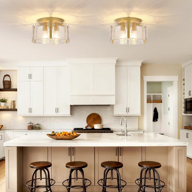 Alt view image 2 of 7 - 15" Gold Semi Flush Mount Ceiling Light, 3-Light Drum Glass Dimmable