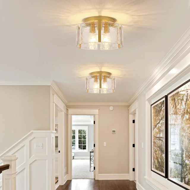 Alt view image 3 of 7 - 15" Gold Semi Flush Mount Ceiling Light, 3-Light Drum Glass Dimmable