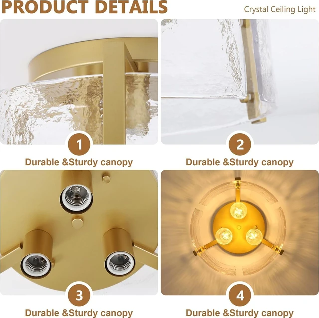 Alt view image 6 of 7 - 15" Gold Semi Flush Mount Ceiling Light, 3-Light Drum Glass Dimmable