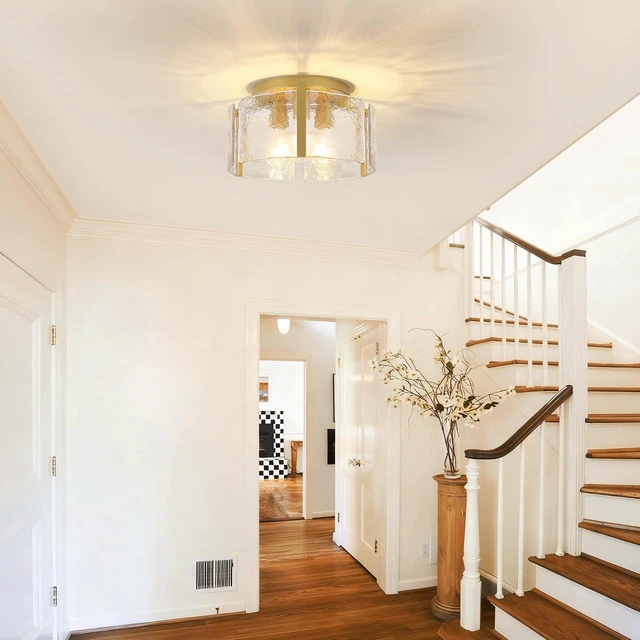 Alt view image 7 of 7 - 15" Gold Semi Flush Mount Ceiling Light, 3-Light Drum Glass Dimmable