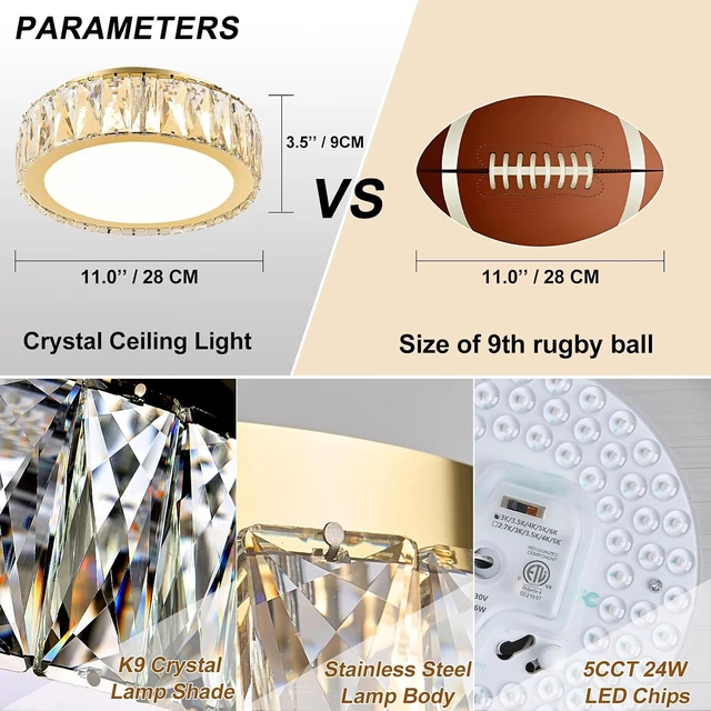 Alt view image 3 of 7 - 11 Inch Dimmable LED 24W Luxury Crystal Flush Mount Ceiling Light