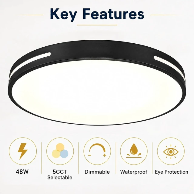 Alt view image 3 of 7 - Black LED Flush Mount Ceiling Light 20 Inch, Dimmable Ceiling Light Fixture 48W with 5CCT, LED Ceiling Light for Kitchen Lighting Fixtures Ceiling, Bedroom & Living Room