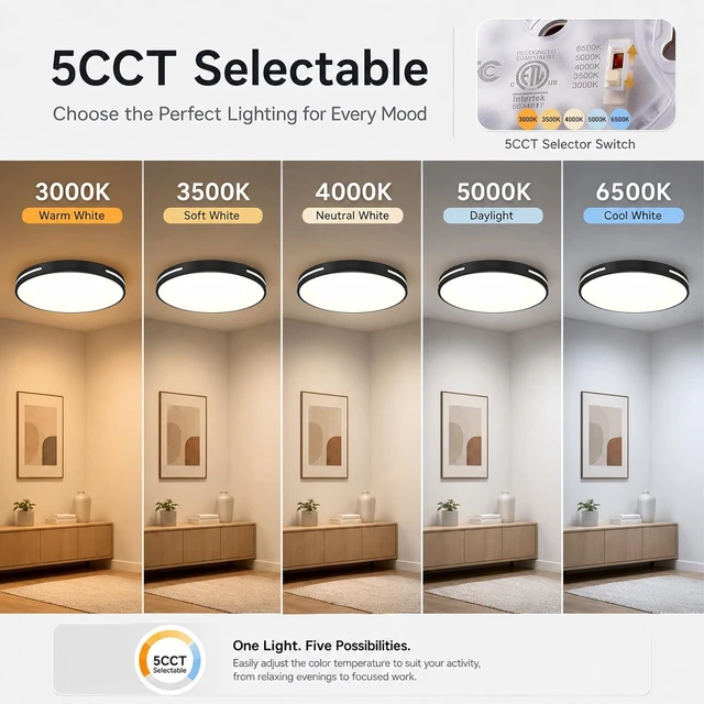 Alt view image 5 of 7 - Black LED Flush Mount Ceiling Light 20 Inch, Dimmable Ceiling Light Fixture 48W with 5CCT, LED Ceiling Light for Kitchen Lighting Fixtures Ceiling, Bedroom & Living Room