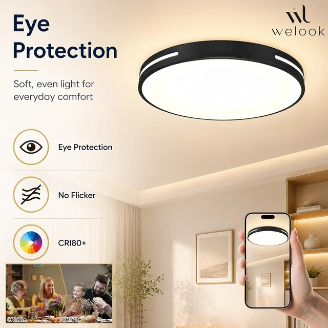 Alt view image 7 of 7 - Black LED Flush Mount Ceiling Light 20 Inch, Dimmable Ceiling Light Fixture 48W with 5CCT, LED Ceiling Light for Kitchen Lighting Fixtures Ceiling, Bedroom & Living Room