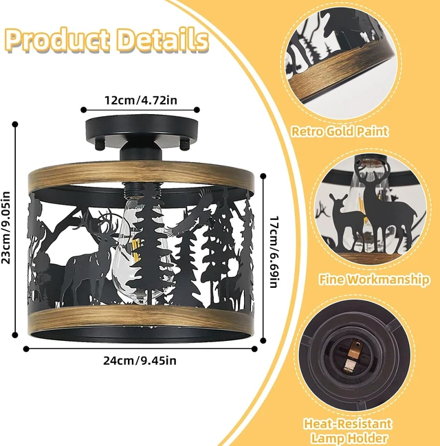 Alt view image 2 of 7 - Rustic Deer & Bear Semi-Flush Mount Ceiling Light, Farmhouse Lodge Cabin Metal Fixture for Living Room, Bedroom, Hallway or Entryway, 9.5" E26 Base (Bulb Not Included)