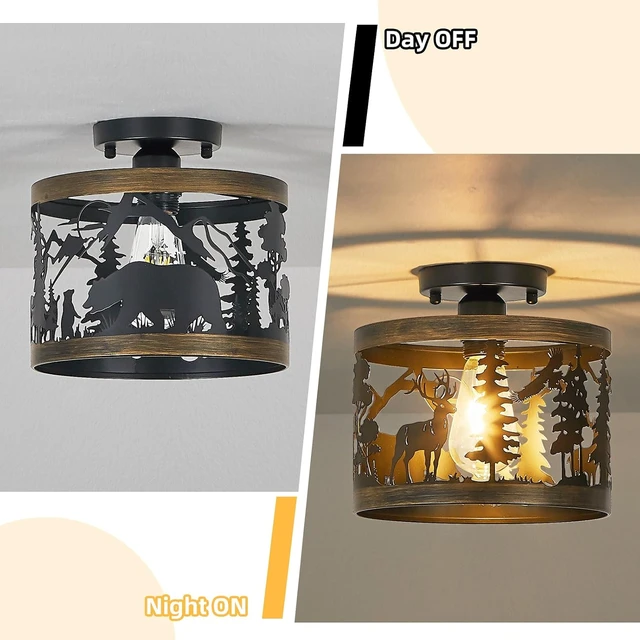 Alt view image 3 of 7 - Rustic Deer & Bear Semi-Flush Mount Ceiling Light, Farmhouse Lodge Cabin Metal Fixture for Living Room, Bedroom, Hallway or Entryway, 9.5" E26 Base (Bulb Not Included)