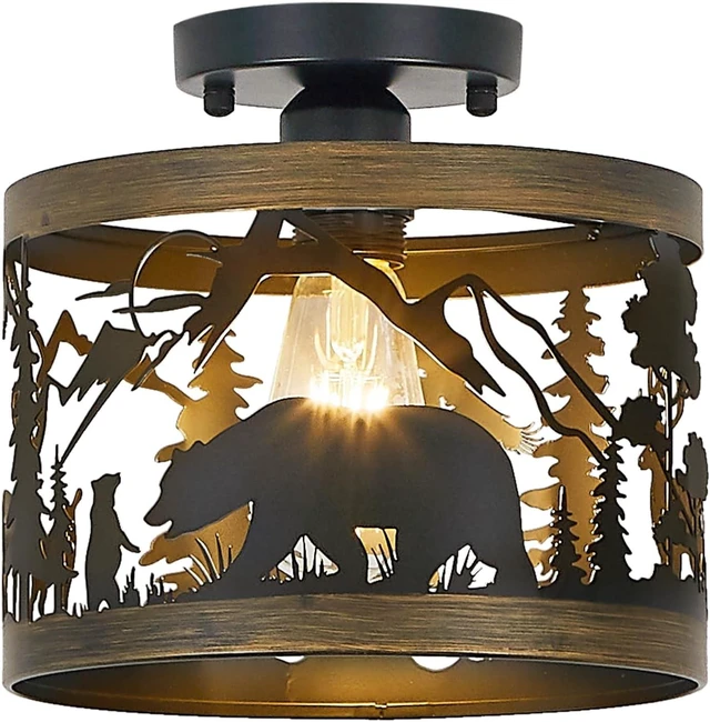 Main image of Rustic Deer & Bear Semi-Flush Mount Ceiling Light, Farmhouse Lodge Cabin Metal Fixture for Living Room, Bedroom, Hallway or Entryway, 9.5" E26 Base (Bulb Not Included)