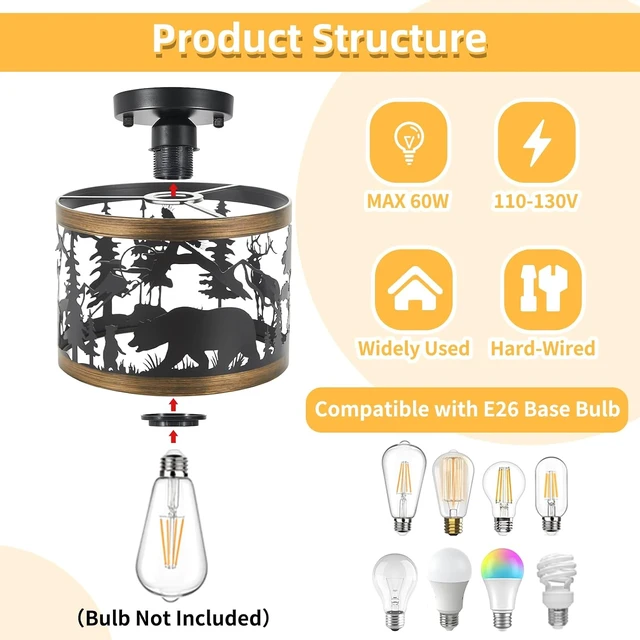 Alt view image 7 of 7 - Rustic Deer & Bear Semi-Flush Mount Ceiling Light, Farmhouse Lodge Cabin Metal Fixture for Living Room, Bedroom, Hallway or Entryway, 9.5" E26 Base (Bulb Not Included)