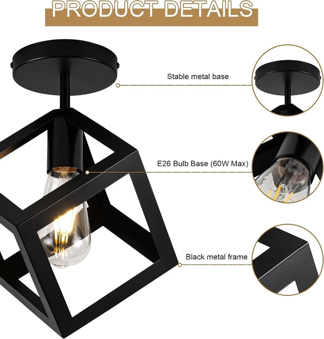 Alt view image 3 of 7 - Modern Black Flush Mount Ceiling Light Fixture, Metal Frame Light Fixture,Farmhouse Light Fixture for Entryway Porch Hallway Stairway Garage Living Room Dining Room Balcony