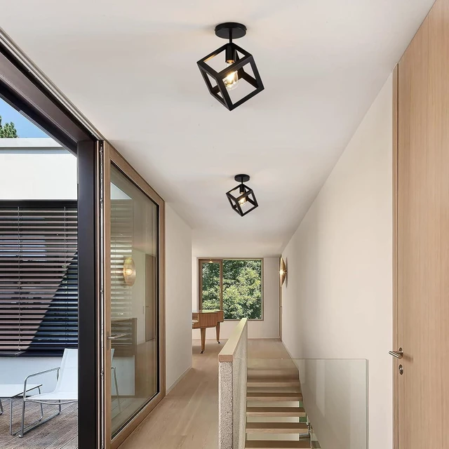 Alt view image 7 of 7 - Modern Black Flush Mount Ceiling Light Fixture, Metal Frame Light Fixture,Farmhouse Light Fixture for Entryway Porch Hallway Stairway Garage Living Room Dining Room Balcony