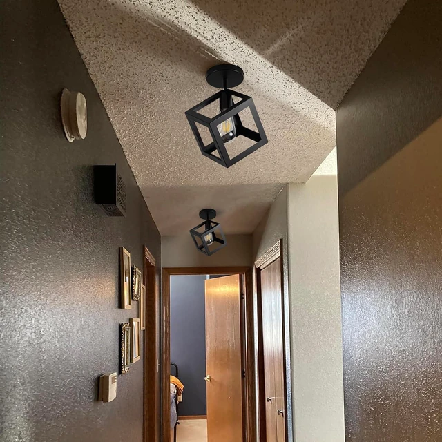 Alt view image 5 of 7 - Modern Black Flush Mount Ceiling Light Fixture, Metal Frame Light Fixture,Farmhouse Light Fixture for Entryway Porch Hallway Stairway Garage Living Room Dining Room Balcony