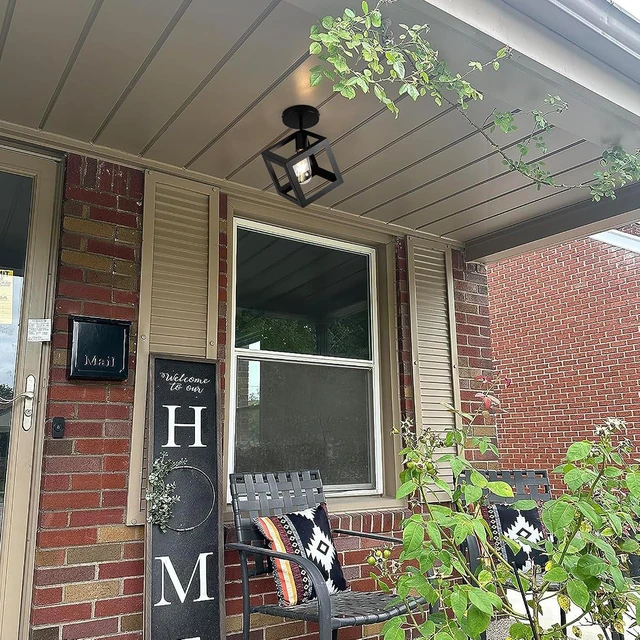 Alt view image 6 of 7 - Modern Black Flush Mount Ceiling Light Fixture, Metal Frame Light Fixture,Farmhouse Light Fixture for Entryway Porch Hallway Stairway Garage Living Room Dining Room Balcony