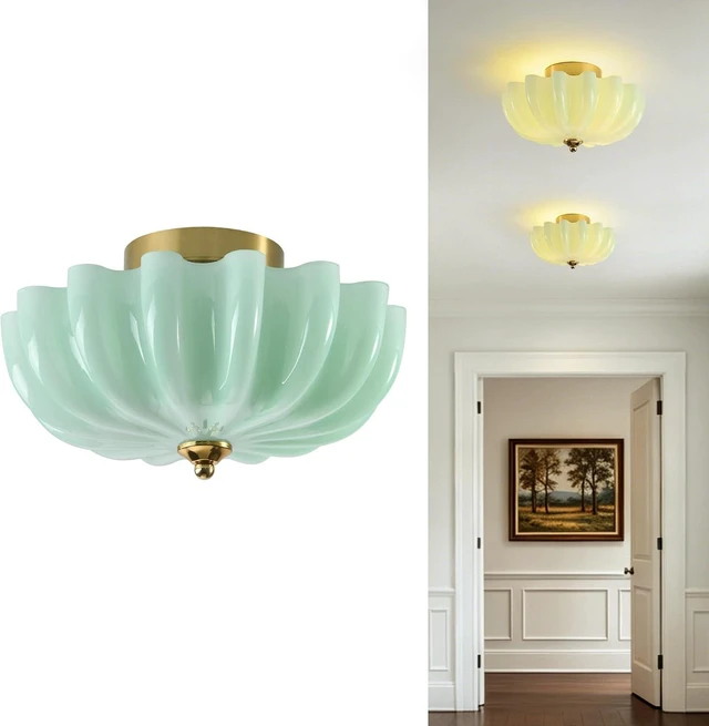 Main image of 12" Milk Glass Semi Flush Mount Ceiling Light -Vintage Green Light Fixture