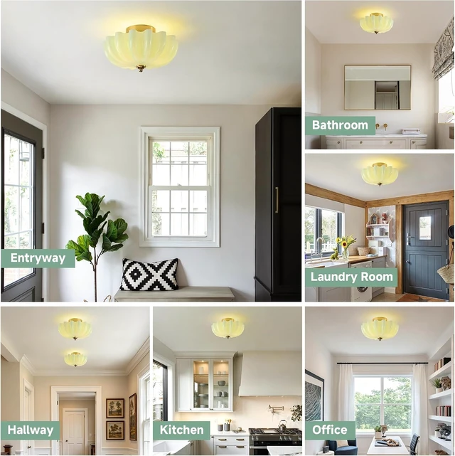 Alt view image 2 of 7 - 12" Milk Glass Semi Flush Mount Ceiling Light -Vintage Green Light Fixture