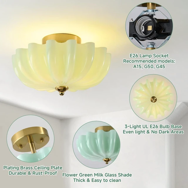 Alt view image 3 of 7 - 12" Milk Glass Semi Flush Mount Ceiling Light -Vintage Green Light Fixture
