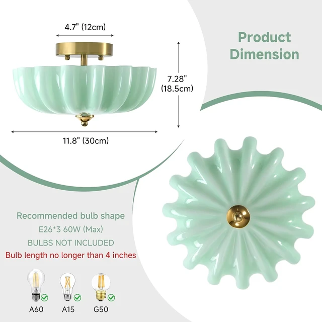 Alt view image 5 of 7 - 12" Milk Glass Semi Flush Mount Ceiling Light -Vintage Green Light Fixture