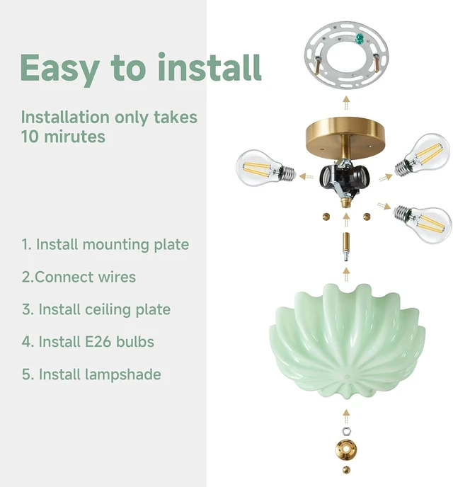Alt view image 7 of 7 - 12" Milk Glass Semi Flush Mount Ceiling Light -Vintage Green Light Fixture