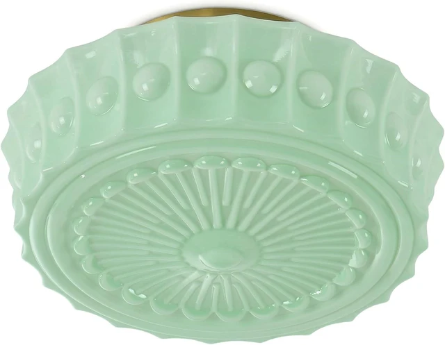 Main image of Vintage Milk Glass Flush Mount Ceiling Light, Schoolhouse Ceiling Light Fixture, Mint Green Glass Shade with Brass / Gold Base, Retro Glass Ceiling Lamp for Kitchen Hallway Bedroom Bathroom, E26 Base