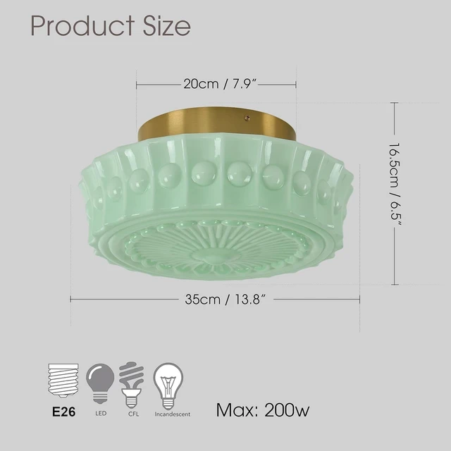 Alt view image 2 of 7 - Vintage Milk Glass Flush Mount Ceiling Light, Schoolhouse Ceiling Light Fixture, Mint Green Glass Shade with Brass / Gold Base, Retro Glass Ceiling Lamp for Kitchen Hallway Bedroom Bathroom, E26 Base