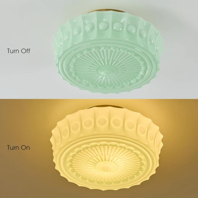 Alt view image 3 of 7 - Vintage Milk Glass Flush Mount Ceiling Light, Schoolhouse Ceiling Light Fixture, Mint Green Glass Shade with Brass / Gold Base, Retro Glass Ceiling Lamp for Kitchen Hallway Bedroom Bathroom, E26 Base