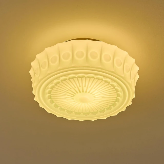 Alt view image 4 of 7 - Vintage Milk Glass Flush Mount Ceiling Light, Schoolhouse Ceiling Light Fixture, Mint Green Glass Shade with Brass / Gold Base, Retro Glass Ceiling Lamp for Kitchen Hallway Bedroom Bathroom, E26 Base