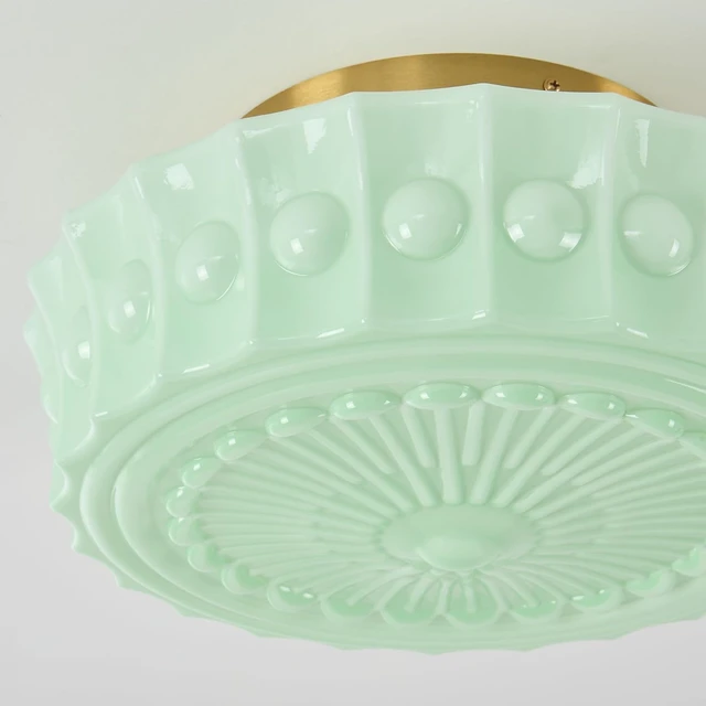 Alt view image 6 of 7 - Vintage Milk Glass Flush Mount Ceiling Light, Schoolhouse Ceiling Light Fixture, Mint Green Glass Shade with Brass / Gold Base, Retro Glass Ceiling Lamp for Kitchen Hallway Bedroom Bathroom, E26 Base